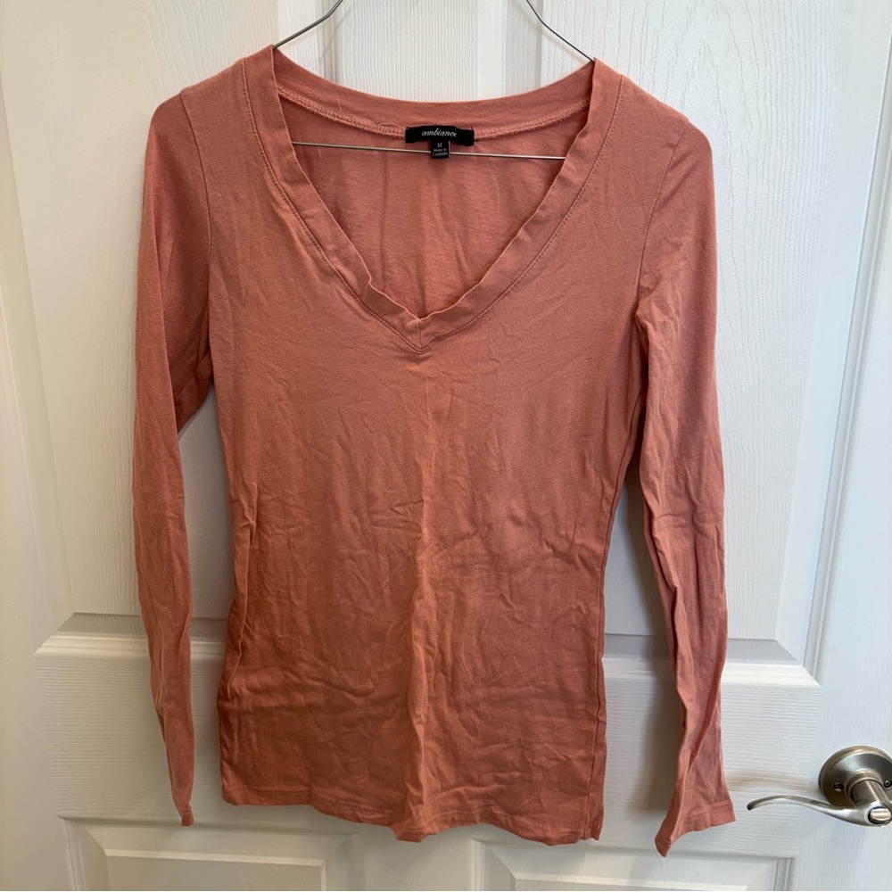 Ambiance V-Neck Long Sleeve Top - Pink size medium